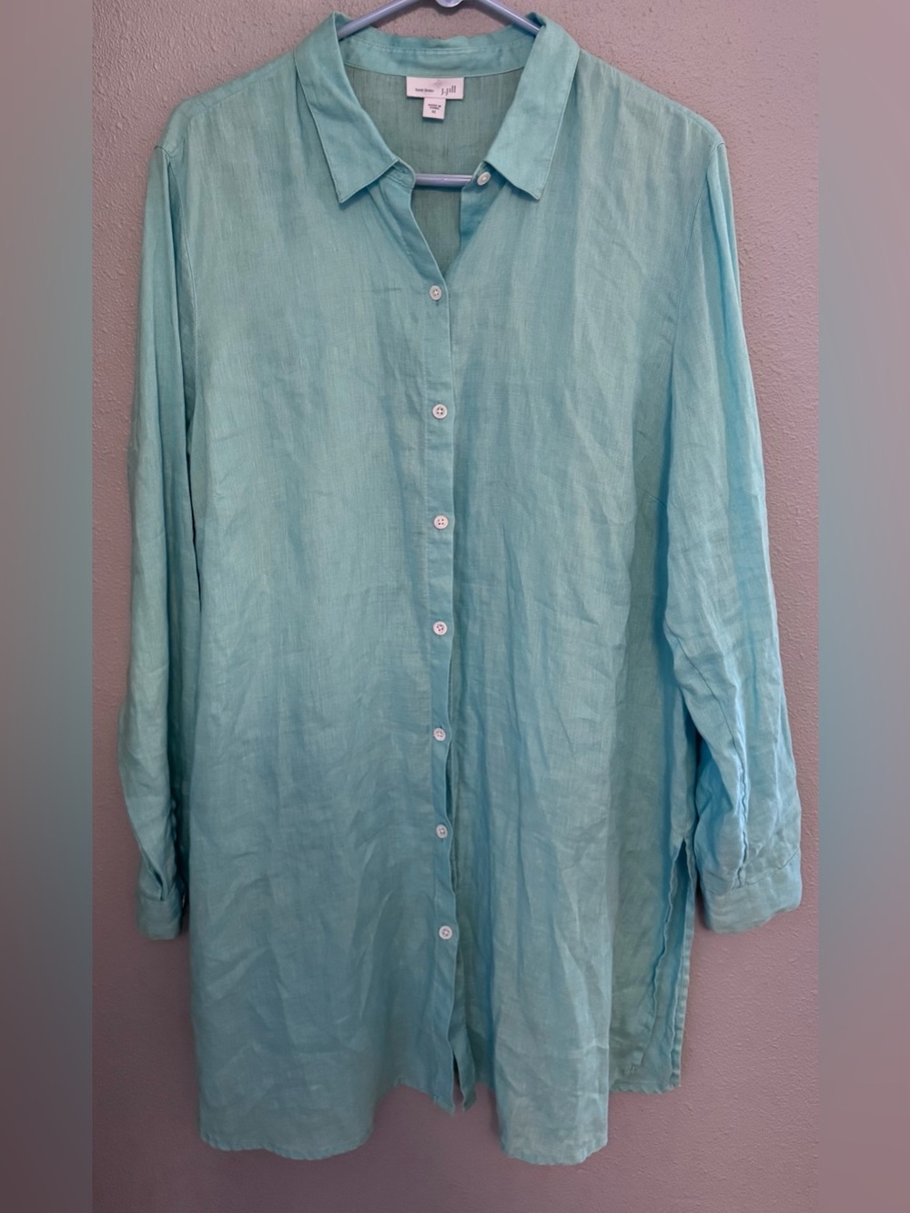J Jill Love Linen Teal Long-Sleeve Tunic Button-Up Shirt